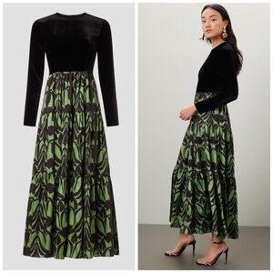 La DoubleJ Big Dress Papyrus Green Twill Black Velvet Tiered Long Sleeve - SMALL